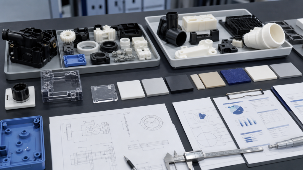 Plastic parts supplier evaluation table with molded and machined components material plaques CAD drawings and inspection papers