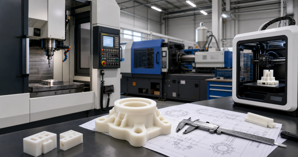Taller de servicios de fabricación de nailon con equipos de mecanizado CNC, moldeo por inyección e impresión 3D