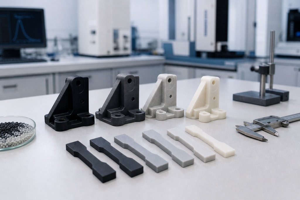 Muestras comparativas de nailon de alta rigidez PA66 GF33, GF40 y GF60 sobre una mesa de laboratorio