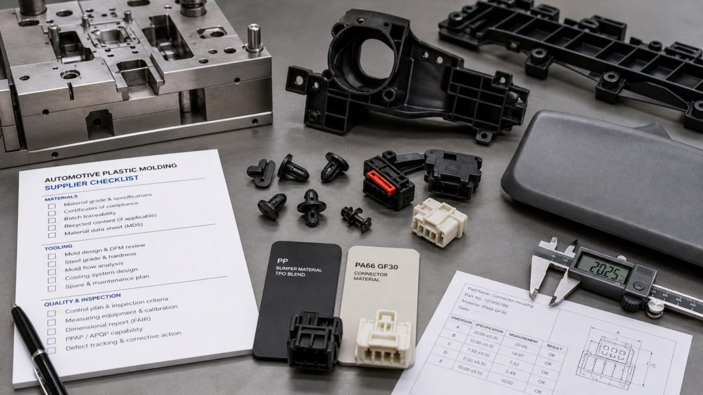 Piezas de moldeo de plástico para automoción, con muestra de parachoques de PP, material de conector de PA66 GF30, inserto de molde, lista de comprobación del proveedor, informe de inspección y calibres