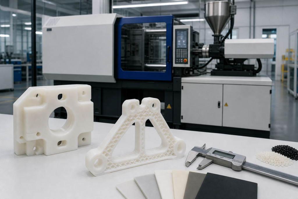 Escena de selección de piezas moldeadas de nailon, con piezas de moldeo por inyección, mecanizado CNC e impresión 3D en una misma mesa de trabajo