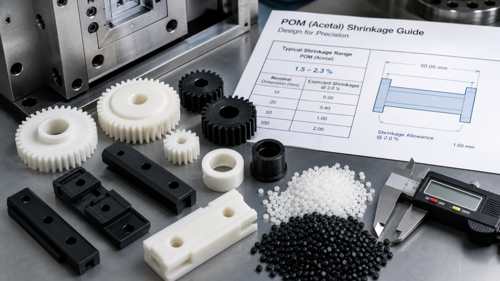 Engranajes de acetal (POM) moldeados por inyección, casquillos, bloques deslizantes, gránulos de resina, insertos para moldes, tabla de contracción y calibres