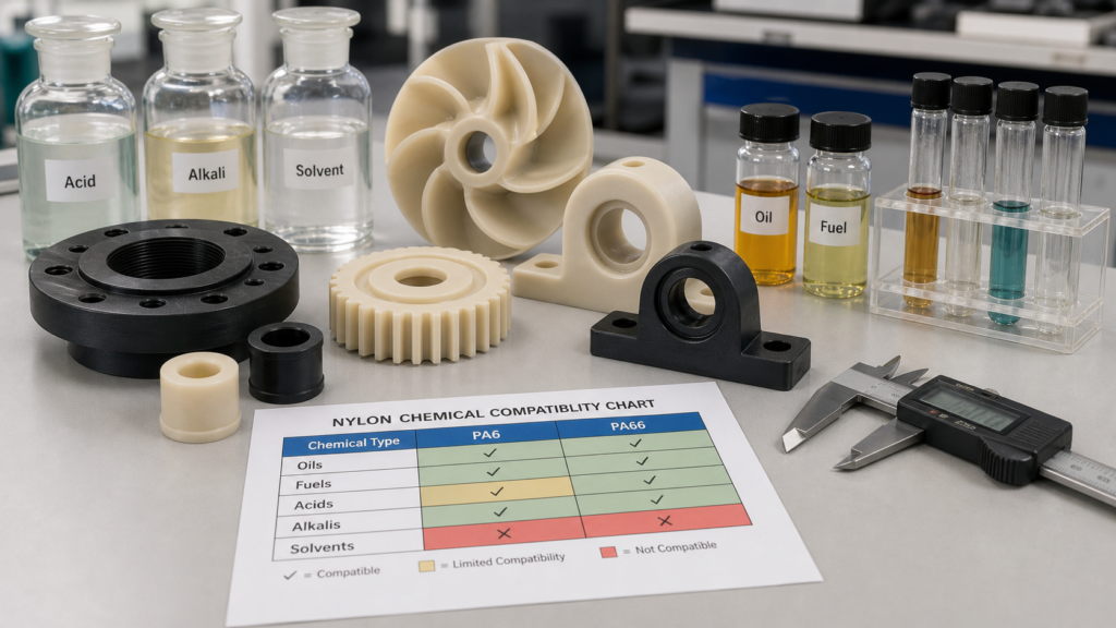 PA6 and PA66 nylon chemical compatibility chart with molded parts, oils, fuels, acids, alkalis, solvents and calipers