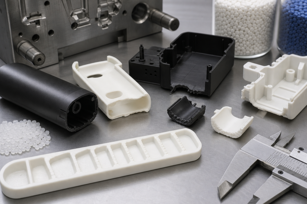 Short shot injection molded plastic parts with incomplete fill edges, mold insert, resin pellets and calipers