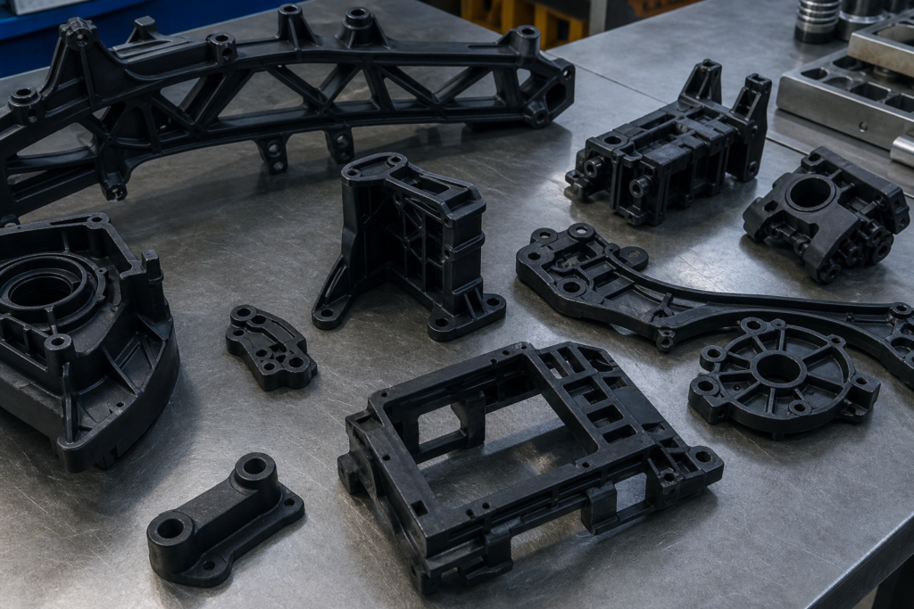 Revisión de piezas estructurales de nailon 66 reforzado con fibra de carbono y del material en un banco de pruebas de ingeniería