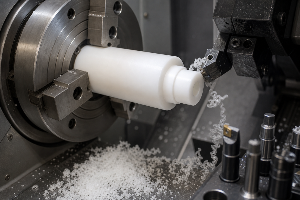 Servicio de torneado de plástico con CNC para el mecanizado de una pieza cilíndrica de nailon de precisión