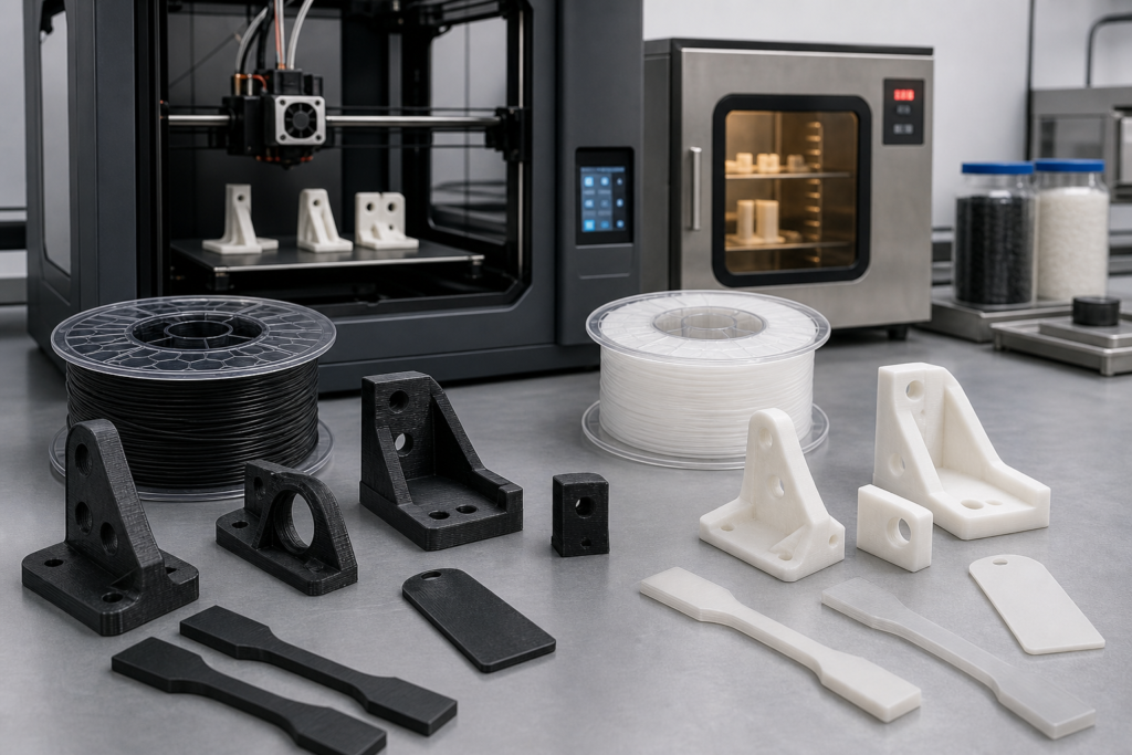 Piezas impresas en 3D de PC-ABS y policarbonato, junto con la impresora en la que se han fabricado, filamento seco y muestras de prueba
