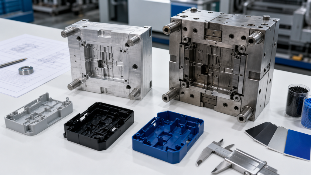 Comparación entre el utillaje rápido y el utillaje de producción, con moldes prototipo de aluminio, moldes de producción de acero y piezas moldeadas de plástico
