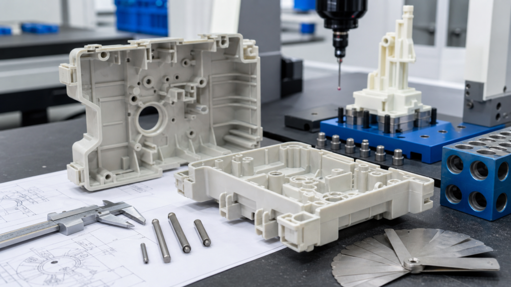 Plastic part tolerance stack-up inspection with molded housings datum fixture calipers gauge pins and CMM probe