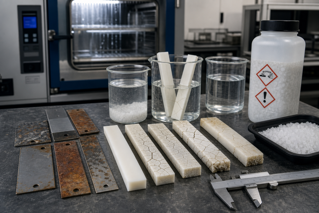 Pruebas de resistencia al cloruro de zinc y a la sal de carretera en nailon con muestras de plástico, frascos con solución salina y material de laboratorio