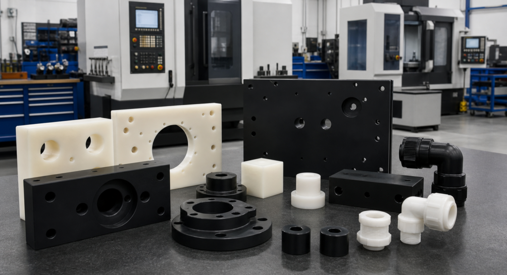HDPE CNC machining services with custom black and natural polyethylene panels, blocks and fittings