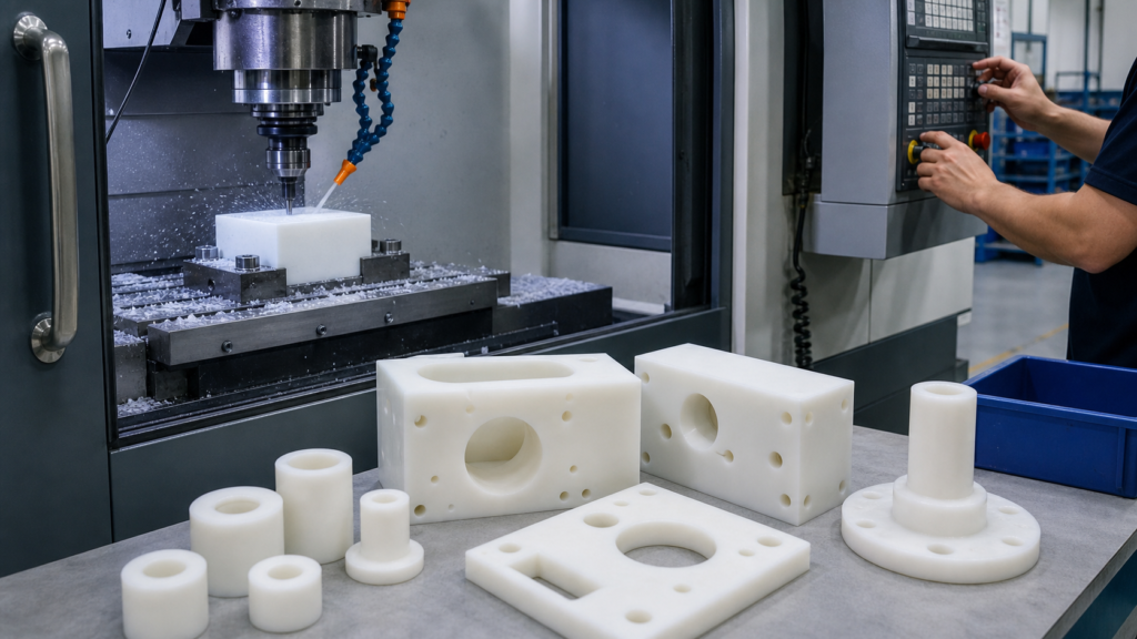 Nylon CNC machining service producing custom white nylon parts