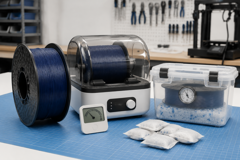 Nylon filament spool beside a filament dryer, hygrometer, sealed dry box, and desiccant used for moisture control in FDM 3D printing