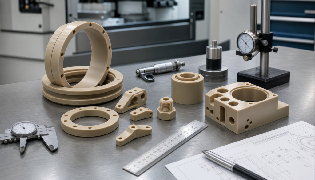 Análisis de los servicios de mecanizado CNC de PEEK con piezas de plástico de alto rendimiento mecanizadas en un banco de inspección