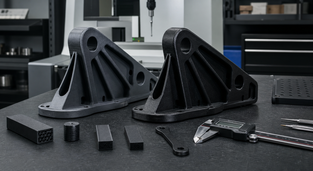 PET-GF vs PA6-GF comparison with reinforced printed parts and technical review tools