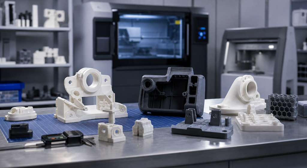Piezas de recambio impresas en 3D en plástico mediante los procesos SLS, nylon, MJF y resina