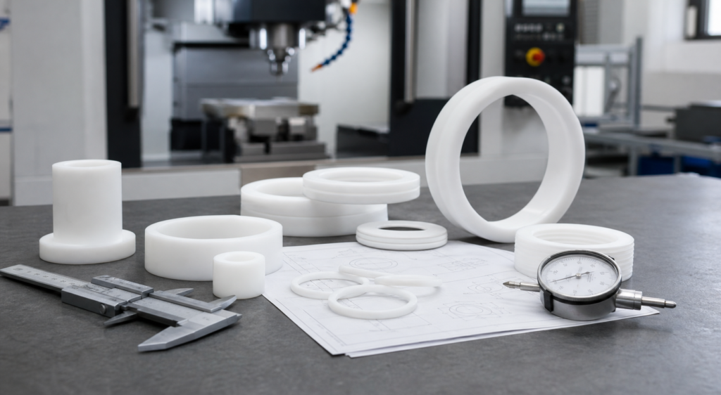 Análisis de los servicios de mecanizado CNC de PTFE con componentes de fluoropolímero blanco y notas técnicas