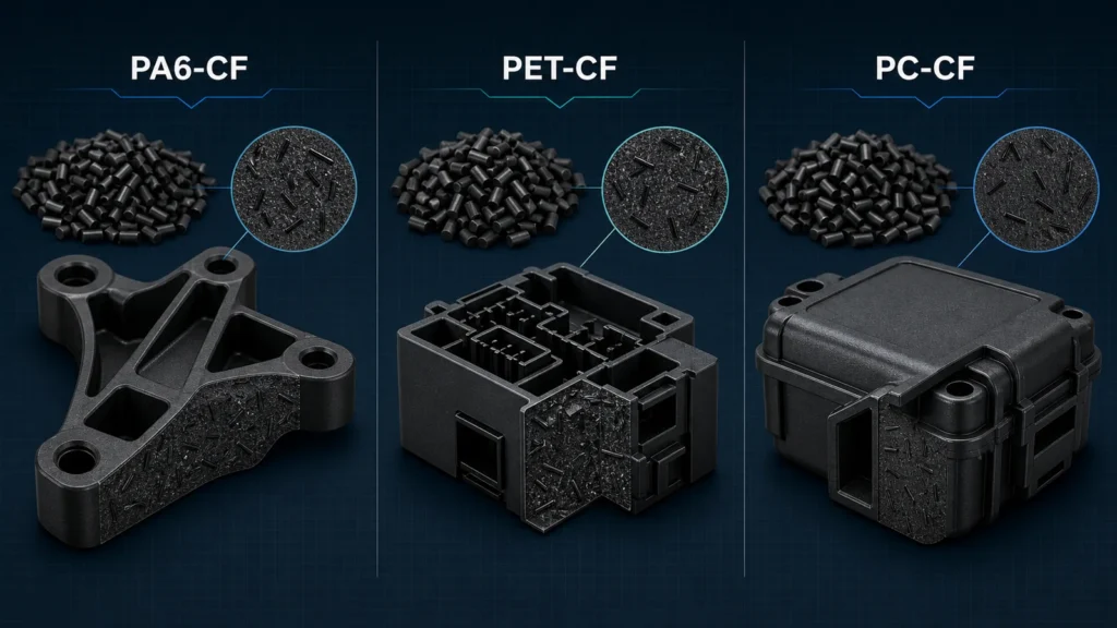PA6-CF vs PET-CF vs PC-CF carbon fiber composite materials and molded parts