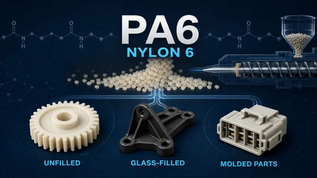 PA6 Nylon 6 resin, unfilled and glass-filled grades, injection molding and molded parts
